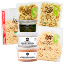 Daily Chef verse pasta pak à 250/500 gram,
Daily Chef groene pesto pastasaus
emmer à 150 ml of Noordertrots pastasaus
emmer à 25